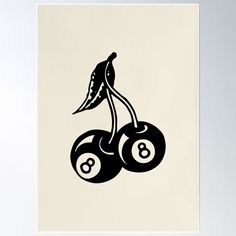 a black and white poster with two cherries on it