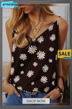 Vintage Sleeveless Daisies Printed Casual Vest Tops Brown V-neck Camisole For Summer, Sleeveless Brown Top For Spring, Brown Sleeveless Blouse For Spring, Brown Sleeveless Top For Spring, Brown Sleeveless Tank Top For Spring, Brown Sleeveless Top For Vacation, Women Vests, Woman Vest, Vest Tops