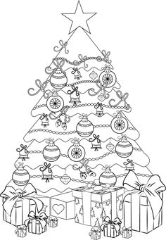 a christmas tree with presents under it and a star on the top, in black and white