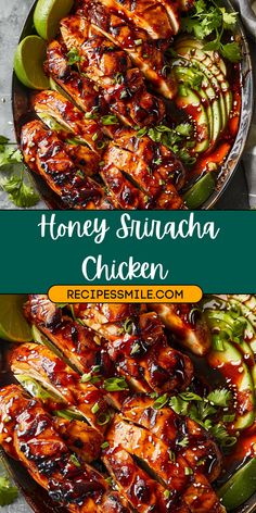 honey sriraca chicken with cucumbers and green onions in a pan on a table