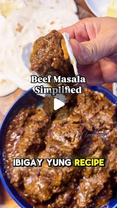 a person is scooping some food out of a bowl with the words beef masala simplified