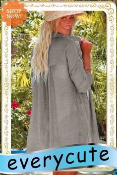 Gray Lightweight Shirt Style Beach Cover Up Casual Beach Shirt With Roll-up Sleeves, Casual V-neck Shirt For Beach Season, Summer V-neck Shirt For Vacation, Collared Tops With Roll-up Sleeves For Summer, Casual V-neck Shirt For Beach, Vacation Shirt For Beach Season, Spring Beach Button-up Shirt, Casual V-neck Beach Season Shirt, Summer V-neck Gray Blouse