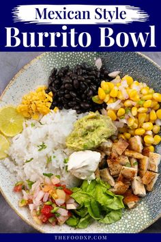 A quick and easy Mexican-style burrito bowl featuring seasoned rice, grilled chicken, black beans, fresh salsa, guacamole, and shredded cheese, perfect for a flavorful and customizable meal.