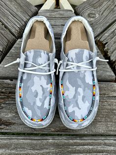 You can choose from any of these beaded styles to put on your custom shoes! These are the Cloud Camo Heydudes! All HeyDudes are all custom made to order! I do not keep inventory. - Select your shoe size and beaded pattern in the above options. HeyDude shoes do not come in half sizes, if you are a half size you would size up. (ex. women's 7.5 you would need to order an 8) -Processing and shipping time for Heydude orders is 2-4 weeks. ( Disclaimer: All items are uniquely crafted and created by Gen Hay Dudes, Country Cakes, Heydude Shoes, Cute Cowgirl Boots, Western Stuff, Casual Country Outfits, Western Shoes, Beaded Shoes, Wild Fire