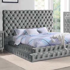 Stefania Gray Eastern King Bed - Ornate Home Gray Upholstered Bed, Glam Bed, Upholstered Bedroom Set, Low Profile Platform Bed, Diamond Tufting, Upholstered Bedroom, Bed Price, King Bedroom Sets, Bedroom Sets Queen