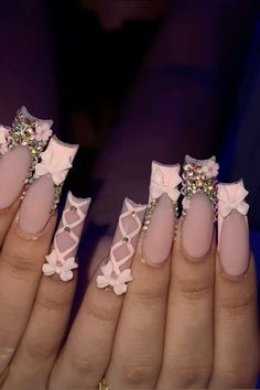 Gem Nail Designs, Quince Stuff, Quince Nails, Fye Nails, Bday Nails, Quinceanera Nails, Coquette Nails, Baby Pink Nails