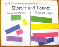 two pieces of paper with different colored strips on them and the words shorter and longer