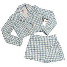 Beautiful Set From Designer, Jason Wu. Never Worn With Tags. Beautiful Light Blue And White Tweed. Matching Cropped Blazer With Gold Buttons And Mini Skirt. Great Quality, Looks Great Dressed Up Or Down Size 4 Tweed Blazer Women, Checkered Blazer, Tweed Set, Blue Tweed, White Tweed, Blazer And Skirt, Blazer Set, Crop Top Skirt