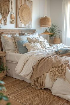 a large bed sitting in a bedroom next to a window with wicker baskets on the wall