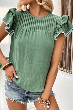 Janay Pleated Detail Flutter Sleeve Blouse Pleated Neckline Pattern, Stitching Shirt, Pleated Neckline, Ruffle Sleeve Blouse, Pleated Shorts, Butterfly Sleeves, Ruffle Shorts, Ruffled Sleeves, Women Shirts Blouse