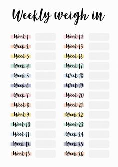 a printable weekly planner with the week numbers in black and white, on a white background