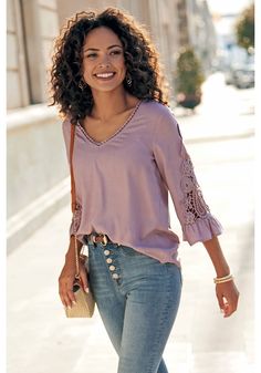 Light Purple Crochet Sleeve Blouse X34599 | LASCANA Chic V-neck Crochet Top For Fall, Fall Crochet V-neck Top With Crochet Trim, Spring Lace Top With Lace Trim For Day Out, Chic V-neck Crochet Top For Day Out, Chic Crochet V-neck Top For Fall, Spring Cotton Lace Top With V-neck, Spring V-neck Lace Top Blouse, Fall Lace Top With Lace Trim For Day Out, Spring Blouse With Crochet Lace For Day Out