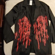 Men's Halloween Jacket Black With Fear Pin Stripes.Bloidy Bullet Holes On Front. One Size. Nwot Black Costume Blazer For Fall, Black Blazer For Fall Costume Events, Black Blazer For Fall Costume, Black Blazer For Fall Costume Party, Demin Jacket Outfits Men, Halloween Jacket, Demin Jacket, Clothing To Make, Painted Clothes