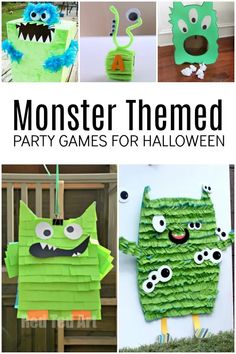 monster themed party games for kids to play on the halloween night, including paper plates and decorations