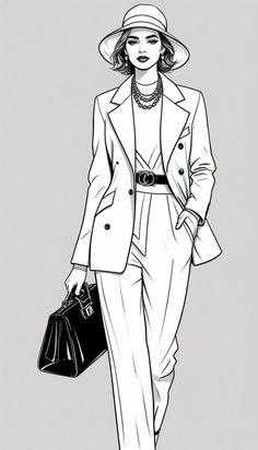 a drawing of a woman in a suit and hat