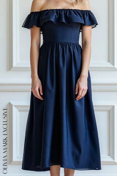 Olivia Mark - Elegant Navy Blue Off-the-Shoulder Ruffled Midi Dress Ruffled Midi Dress, Midi Ruffle Dress, Olivia Mark, Off The Shoulder, Navy Blue, Midi Dress, Navy, Blue