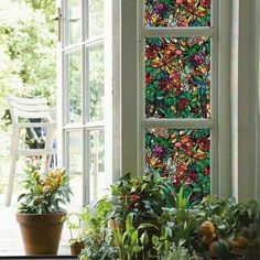 three potted plants sitting next to each other in front of a stained glass window