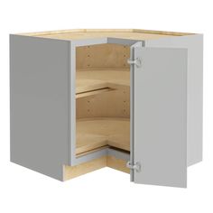 an open cabinet with no doors on it