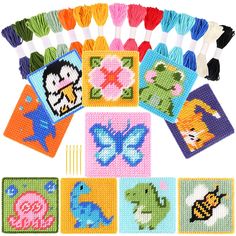 cross - stitch kits with different designs and colors for needleing, including toothbrushes