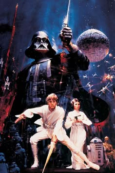 two people dressed as darth vader and princess leisa in front of a star wars scene