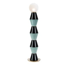 a tall black and blue lamp with a white ball on it's top, against a white background