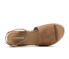 Synthetic upper,Adjustable buckle closure strap at ankle,2 1/4 inch wedge heel height,1 1/2 inch platform height,Open toe,Smooth footbed,Espadrille wrapped midsole,Durable outsole,Smooth strap lining | Women's Soda Topic Flatform Sandals in Tan Size 6.5 Medium Summer Footbed Sandals With Open Heel, Brown Slingback Sandals For Beach Season, Synthetic Open Heel Footbed Sandals For Summer, Summer Synthetic Footbed Sandals With Open Heel, Summer Synthetic Open Heel Footbed Sandals, Synthetic Slingback Sandals For Beach With Open Heel, Synthetic Slingback Sandals For Beach, Adjustable Summer Heels For Vacation, Adjustable Heels For Summer Vacation