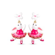 Unique and stunning, these sweet bunny earrings will take your breath away. Made in sterling silver and hand-enameled, each earring features a little flower as the stud and a dancing white rabbit in a ballet skirt as the drop part. This adorable piece captures the essence of whimsy and adds a touch of playfulness to your ensemble. An incredible addition to any jewelry collection, but especially for those who love rabbits, spring and Easter celebrations.Weight: 3.2 gWidth: 14.55 mmHeight: 28.35 m Peter Rabbit Earrings, Whimsical Pink Enamel Earrings, Silver Earrings Online, Bunny Earrings, Easter Celebration, Sweet Lolita, White Rabbit, Online Earrings, Quality Jewelry