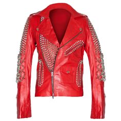 Punk Rock Star Spikey Studs Red Leather Jacket Jacket Pants Outfit, Michael Jackson Jacket, Christmas Party Wear, Handmade Jacket, Studded Leather Jacket, Red Studs, Party Jackets, Studded Jacket, Lambskin Leather Jacket