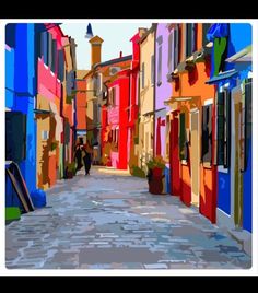 a painting of a person walking down an alley way with colorful buildings in the background