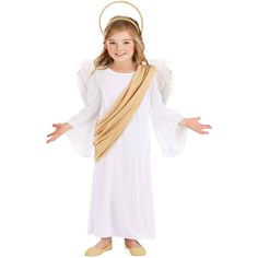 Elevate your toddler's Halloween experience with our Heavenly Toddler Angel Costume! This divine ensemble is designed to captivate hearts with its meticulous attention to detail - from the ethereal white jersey knit pullover robe to the luxurious gold chiffon sash that exudes celestial elegance. Constructed from premium materials including 100% polyester white fabric and a blend of 96% polyester and 4% spandex for the gold fabric base, this costume offers both comfort and durability for your lit Angel Costume Nativity, Simple Angel Costume Diy, Boy Angel Costume, Boys Angel Costume, Toddler Angel Costume, Kids Angel Costume, Angel Costumes, Nativity Play, Nativity Costumes