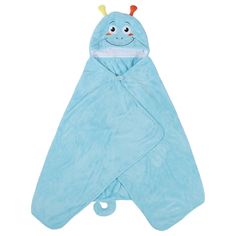 a blue towel with a smiling bug on it's face and eyes, sitting in front of a white background