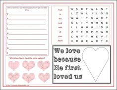 we love because he first loved us valentine's day word search printable worksheet