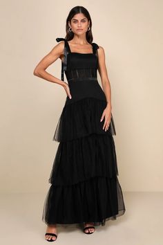 Black Tulle Dress - Tie-Strap Bustier Dress - Tiered Maxi Dress - Lulus Black Tie Wedding Guest Dress Fall, Black Tie Bridesmaid Dresses, Moh Dress, Black Tie Optional Wedding, Black Tie Bridesmaids, Black Tie Dresses, Black Tulle Dress, Wedding Aesthetics, Formal Wedding Guest Dress