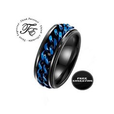 Personalized Engraved Men's Promise Ring Blue and Black Cahin Spinner - Fidget Spinner Ring This ring has a step edge design and is a comfort fit band. Durable black powder coat over hypoallergenic 316L surgical stainless steel. A blue chain spins around the band. Great for people that fidget or have anxiety. Will not tarnish or turn your finger green. You can use the personalization box during checkout or message us once checkout is complete. If you want to do handwriting, send a photo of the h Black Ring Box, Promise Rings For Guys, Spinner Ring, Ring Blue, Spinner Rings, Fidget Spinner, Edge Design, Blue Rings, Blue And Black