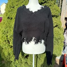 Distressed Cropped Black V-Neck Sweater Can Be Worn Normally Or Off-Shoulder Style! Condition: Never Worn Originally From Shein Size M, Could Fit L Cropped Black Sweater, Super Cropped Sweater, Sweaters Cropped, Black V Neck Sweater, Shein Sweater, Distressed Sweater, Custom Sweaters, Pastel Pink Aesthetic, Off Shoulder Fashion