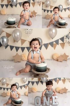 a baby sitting in front of a cake with balloons