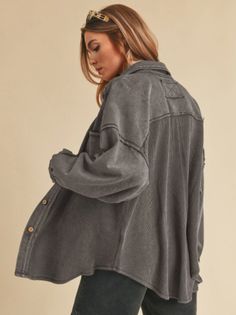 Say hello to your new favorite layering piece—The Chill Shacket! This isn’t just a button-down; it’s the wardrobe must-have you didn’t know you needed. With its sweatshirt and waffle knit fabric combo, raw edge seams, it give you that cozy lived-in look for an extra laid-back vibe. It's your new go-to! Pair it with any tee or tank, jeans or leggings, and you’ve got an effortless, comfy outfit that screams "I woke up like this!" Color: Charcoal Ladies Oversized Shacket, with a little bit of stret Trendy Washed Shacket For Fall, Washed Long Sleeve Shacket For Fall, Trendy Oversized Washed Shacket, Long Sleeve Washed Shacket For Fall, Everyday Washed Button-up Outerwear, Washed Collared Outerwear With Relaxed Fit, Relaxed Fit Washed Collared Outerwear, Spring Button-up Shacket For Layering, Oversized Washed Outerwear For Fall