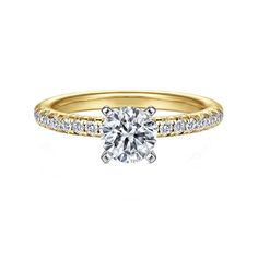 a yellow gold engagement ring with diamonds on the band and a single round diamond in the center