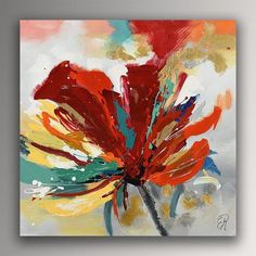 an abstract painting with red and yellow flowers