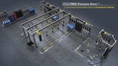 a computer rendering of a training zone with equipment in the center and on the floor