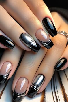 Black And Metallic Nails, Silver Nail Designs, Elegant Nail Art, Elegant Nail Designs, French Manicure Nails, Glamorous Nails, Black Nail Designs, Silver Nails