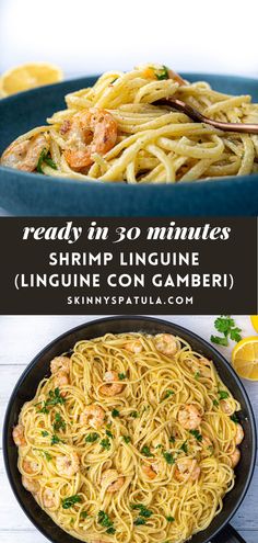 shrimp linguinne in a skillet with lemons and parsley on the side