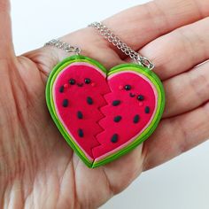 This set of 2 friendship watermelon heart necklaces are handmade with polymer clay by myself, they are completely adorable!  - Chains are made of high quality stainless steel suitable for sensitive skin. - Pendants are aprox. 5 cm big I love to making custom orders! I'll work with you to make something completely unique and exactly how you want it; this includes shape, size and color that you adore. Let me know what you like and I'll do it.  Perfect for unique gifts, treats for yourself or speci Handmade Green Novelty Necklace, Handmade Polymer Clay Playful Necklaces, Handmade Playful Polymer Clay Necklaces, Cute Heart-shaped Jewelry For Friendship, Cute Handmade Necklaces For Friendship, Cute Heart-shaped Friendship Jewelry, Handmade Cute Charm Necklaces For Valentine's Day, Cute Handmade Charm Necklaces For Valentine's Day, Fun Red Jewelry For Friendship