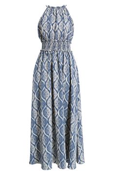 A bold allover print brightens the look of a carefree maxi dress structured with a smocked waist. 55" center front length (size Medium) Ties at back Halter neck Smocked waist Side-seam pockets Lined 100% polyester Machine wash, dry flat Imported Blue Summer Maxi Dress With Elastic Waistband, Chic Smocked Bodice Maxi Dress For Vacation, Spring Blue Midi Dress With Elastic Waistband, Chic Maxi Dress With Smocked Bodice For Vacation, Vacation Sundress With Elastic Waistband, Blue Maxi Dress With Elastic Waistband For Summer, Elastic Waistband Sundress, Smocked Back Sundress Maxi Dress, Beach Maxi Dress With Smocked Bodice