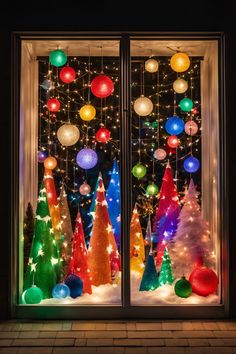 Outdoor windows adorned with LED icicle Christmas lights and exterior Christmas decorations, creating a festive holiday ambiance. Christmas Window Display Lights, Outdoor Christmas Decorations Colorful, Colorful Outdoor Christmas Decor, Colored Exterior Christmas Lights, Retro Outdoor Christmas Lights, Whimsical Outdoor Christmas Decor, Christmas Window Decoration Ideas, Christmas Lights From Ceiling, Colorful Outdoor Christmas Decorations