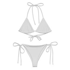 Light gray recycled string bikini. Stay comfortable and stylish all summer with this All-Over Print Recycled String Bikini set. It's made from soft recycled polyester with double-layering and UPF 50+. Style the straps how you like and get ready to swim!  * Soft and stretchy material with UPF 50+ * Sizes up to 6XL * Bikini top comes with removable padding for comfort * Multiple ways to tie and style the bikini set Disclaimers:  * Due to the 2-layered construction and internal stitching, a visible stitch may appear in the crotch seam of the bikini bottom. This is a normal part of the manufacturing process and does not impact the quality or performance of the product. * To make your All-Over Print Recycled String Bikini last longer, thoroughly rinse it off after each use and get rid of any ch White String Swimwear For Summer, White String Tie Swimwear For Beach Season, White Triangle Top Swimwear With String Tie, White String Tie Swimwear For Summer, White Tie-side Swimwear With String Tie, White Tie-side Bottom Swimwear With String Tie, White String Tie Swimwear For Pool, White Triangle Top Swimwear With Drawstring, White Drawstring Swimwear For Beach Party