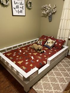 two dogs laying on top of a bed in a room with wood floors and white curtains