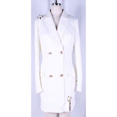 Brand New Collar Front Long Sleeves Shoulder Pads Button Front Flap Pockets Pins White Fitted Dress With Double-breasted Buttons, White Fitted Double-breasted Dresses, Elegant White Double-breasted Blazer Dress, White Long Sleeve Blazer Dress With Buttons, Elegant White Blazer Dress With Double Button Closure, Elegant White Blazer Dress With Double Button, Fitted White Blazer Dress With Double-breasted Button, White Buttoned Blazer Dress For Fall, Chic White Blazer Dress With Double-breasted Buttons