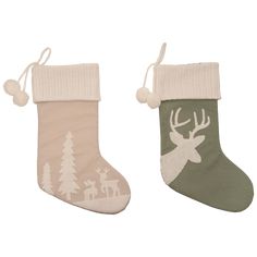 two christmas stockings with deer and trees on them