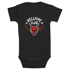 Be careful! Something strange is happening in Hawkins, Indiana that will turn your world upside down but do not fret because your baby will be able to fight back Vecna with these officially licensed Stranger Things styles! Everyone's favorite Netflix television series is taking you back to the 1980s with this Infant Hellfire Club White Logo Graphic Bodysuit that features the classic Hellfire Club logo and a demon with red flames next to him. Gothic Nursery, Celestial Nursery, Stranger Things Hellfire Club, Stranger Things Hellfire, Hawkins Indiana, Red Flames, Graphic Onesies, Hellfire Club, Baby Rose